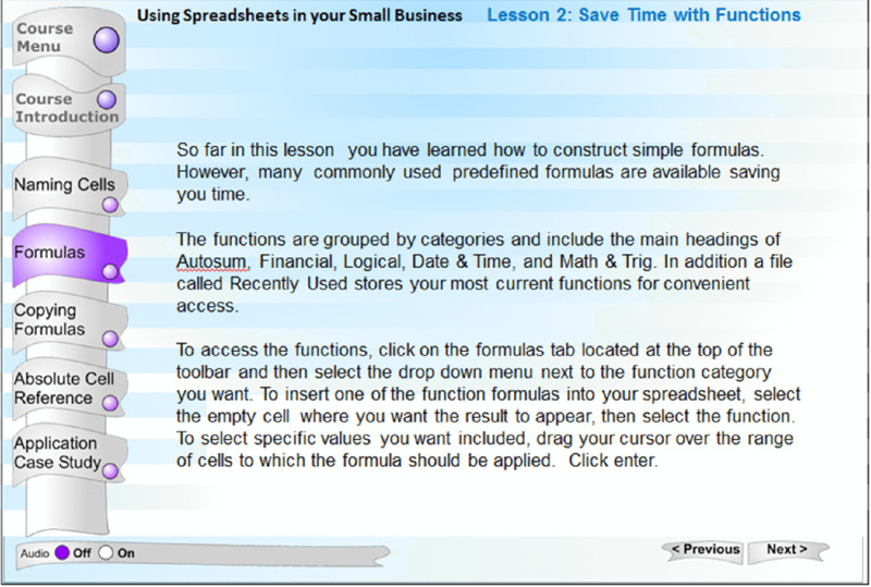 Screen shot shows a tutorial for excel with course menu at the side, title and content referring to the topic.