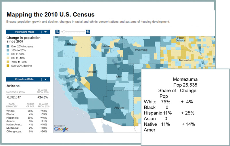 Screen shot shows a map of U.S. Census for the year 2010 along with change in population since 2000, race ethnicity et cetera.