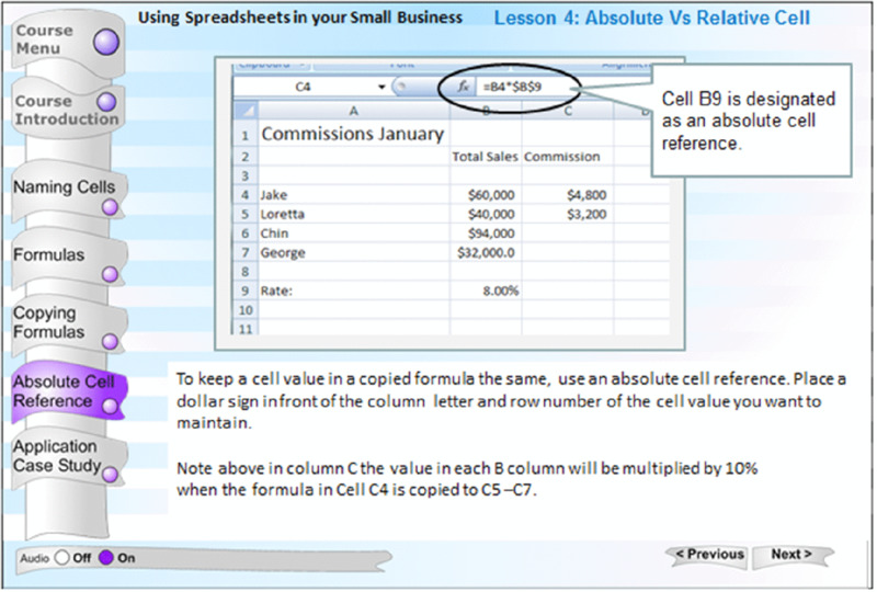 Screen shot shows a tutorial for excel with course menu, title, spreadsheet, a brief description at the bottom and a dialogue box.