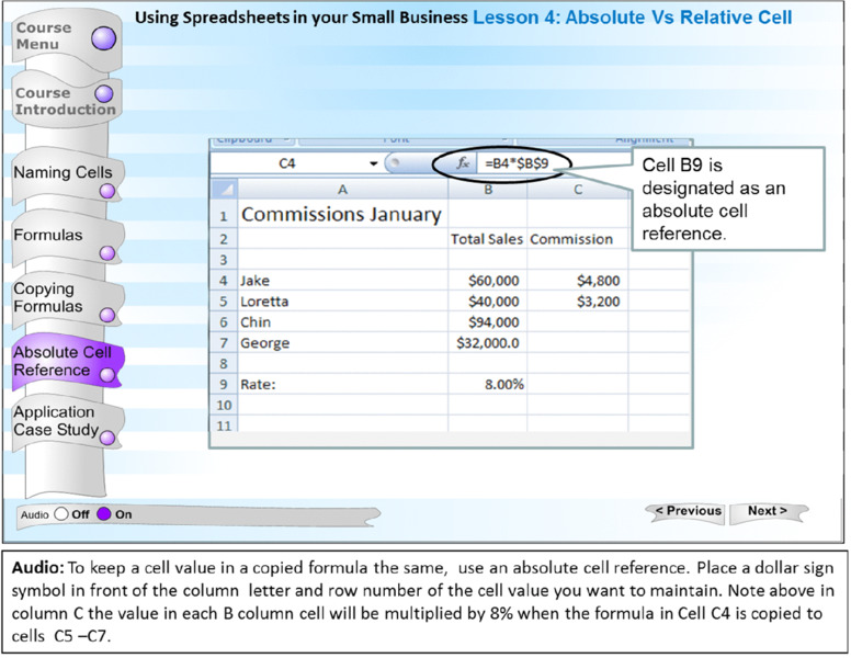 Screen shot shows a tutorial for excel with course menu, title, a spreadsheet, a brief description at the bottom and a dialogue box along with a audio narration.