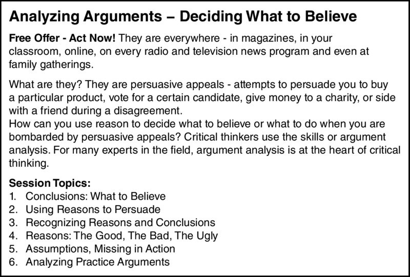 Chart shows a content based on Analyzing arguments-deciding what to believe with six session topics such as conclusions, persuade reasons, recognizing reasons, reason categories, assumptions and analyzing.