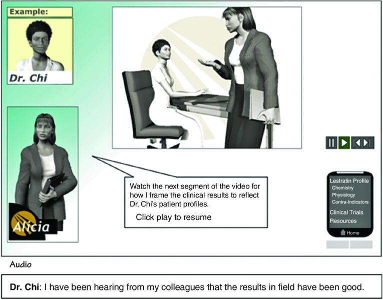 Screen shot shows names of two women as example and both of them discussing their views in an office room with a play button to resume.