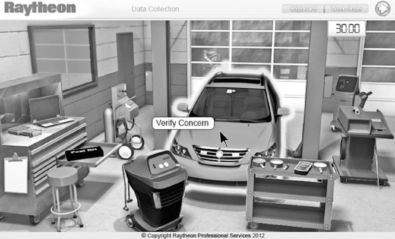 Screen shot shows inside view of an automotive shop which includes a car, laptop, stool, table, digital clock, writing board and other equipments. 