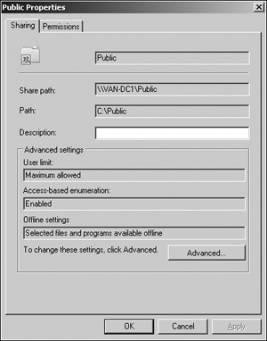 The Properties dialog box for a shared resource