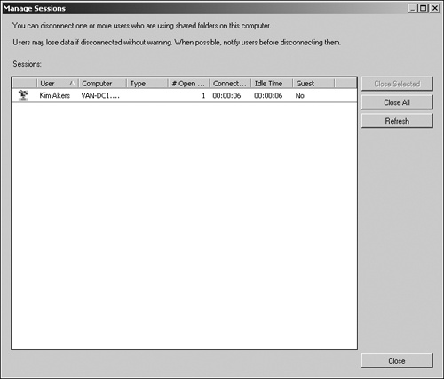 The Manage Sessions dialog box