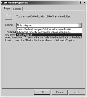 Redirection options for the Start Menu folder