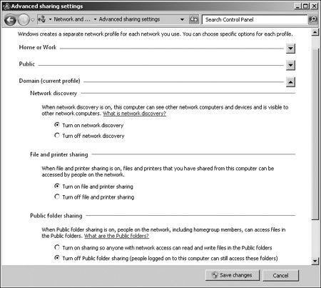 The Advanced Sharing Settings dialog box