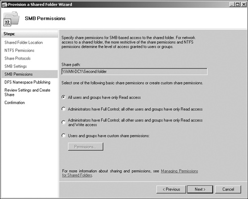 The SMB Permissions page