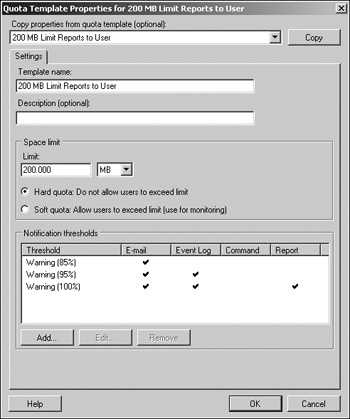 Properties of the 200 MB Limit Reports To User template