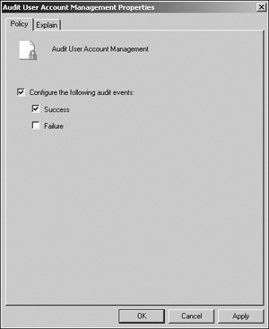 Configuring Success in the Audit User Account Management Properties dialog box