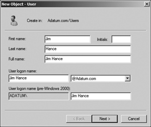 Specifying the new user as Jim Hance