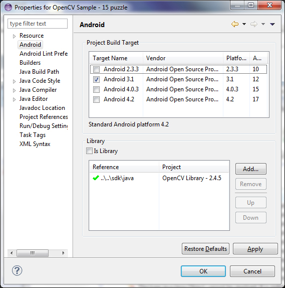 Building the OpenCV samples with Eclipse