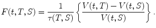 
$$\displaystyle{F(t,T,S) = \frac{1} {\tau (T,S)}\left \{\frac{V (t,T) - V (t,S)} {V (t,S)} \right \}.}$$
