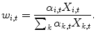 
$$\displaystyle{w_{i,t} = \frac{\alpha _{i,t}X_{i,t}} {\sum _{k}\alpha _{k,t}X_{k,t}}.}$$
