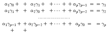 
$$\displaystyle{ \begin{array}{*{3}{c@{\:+\:}}c@{\;=\;}c} \alpha _{1}\gamma _{0} \:+\:& \alpha _{2}\gamma _{1} \:+\:&\cdots \:+\:&\alpha _{p}\gamma _{p-1}\; =\;&\gamma _{1} \\ \alpha _{1}\gamma _{1} \:+\:& \alpha _{2}\gamma _{0} \:+\:&\cdots \:+\:&\alpha _{p}\gamma _{p-2}\; =\;&\gamma _{2}\\ \multicolumn{5}{c}{.......................} \\ \alpha _{1}\gamma _{p-1}\:+\:&\alpha _{2}\gamma _{p-2}\:+\:&\cdots \:+\:& \alpha _{p}\gamma _{0} \; =\;&\gamma _{p} \\ \:+\:\end{array} }$$
