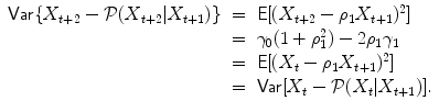 
$$\displaystyle\begin{array}{rcl} \mathsf{Var}\{X_{t+2} -\mathcal{P}(X_{t+2}\vert X_{t+1})\}& =& \mathsf{E}[(X_{t+2} -\rho _{1}X_{t+1})^{2}] {}\\ & =& \gamma _{0}(1 +\rho _{ 1}^{2}) - 2\rho _{ 1}\gamma _{1} {}\\ & =& \mathsf{E}[(X_{t} -\rho _{1}X_{t+1})^{2}] {}\\ & =& \mathsf{Var}[X_{t} -\mathcal{P}(X_{t}\vert X_{t+1})]. {}\\ \end{array}$$
