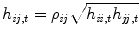 
$$\displaystyle{h_{\mathit{ij},t} =\rho _{\mathit{ij}}\sqrt{h_{\mathit{ii },t } h_{\mathit{jj },t}}}$$
