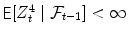 
$$\mathop{{ \mathsf{E}}}[Z_{t}^{4}\mid \mathcal{F}_{t-1}] < \infty $$
