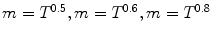 
$$m = T^{0.5},m = T^{0.6},m = T^{0.8}$$
