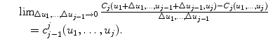 
$$\displaystyle\begin{array}{rcl} & & \lim _{\Delta u_{1},\ldots,\Delta u_{j-1}\rightarrow 0}\frac{C_{j}(u_{1} + \Delta u_{1},\ldots,u_{j-1} + \Delta u_{j-1},u_{j}) - C_{j}(u_{1},\ldots,u_{j})} {\Delta u_{1},\ldots,\Delta u_{j-1}} {}\\ & & \quad = c_{j-1}^{j}(u_{ 1},\ldots,u_{j}). {}\\ \end{array}$$
