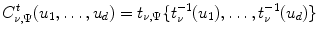 
$$\displaystyle{ C_{\nu,\Psi }^{t}(u_{ 1},\ldots,u_{d}) = t_{\nu,\Psi }\{t_{\nu }^{-1}(u_{ 1}),\ldots,t_{\nu }^{-1}(u_{ d})\} }$$
