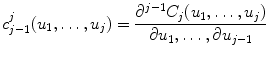 
$$\displaystyle{ c_{j-1}^{j}(u_{ 1},\ldots,u_{j}) = \frac{\partial ^{j-1}C_{j}(u_{1},\ldots,u_{j})} {\partial u_{1},\ldots,\partial u_{j-1}} }$$
