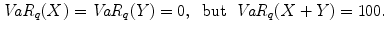 
$$\displaystyle{\mathit{VaR}_{q}(X) = \mathit{VaR}_{q}(Y ) = 0,\;\;\text{but}\;\;\mathit{VaR}_{q}(X + Y ) = 100.}$$
