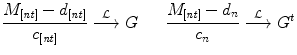 
$$\displaystyle{\frac{M_{[\mathit{nt}]} - d_{[\mathit{nt}]}} {c_{[\mathit{nt}]}} \stackrel{\mathcal{L}}{\longrightarrow }G\,\ \,\quad \frac{M_{[\mathit{nt}]} - d_{n}} {c_{n}} \stackrel{\mathcal{L}}{\longrightarrow }G^{t}}$$
