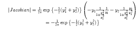 
$$\displaystyle\begin{array}{rcl} & & \vert Jacobian\vert = \frac{1} {2\pi }\exp \left \{-\frac{1} {2}(y_{1}^{2} + y_{ 2}^{2})\right \}\left (-y_{ 1} \frac{1} {1 + \frac{y_{2}^{2}} {y_{1}^{2}} } \frac{1} {y_{1}} - y_{2} \frac{1} {1 + \frac{y_{2}^{2}} {y_{1}^{2}} } \frac{y_{2}} {y_{1}^{2}}\right ) {}\\ & & \qquad \qquad \qquad \qquad = -\frac{1} {2\pi }\exp \left \{-\frac{1} {2}(y_{1}^{2} + y_{ 2}^{2})\right \} {}\\ \end{array}$$
