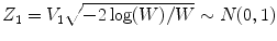 
$$Z_{1} = V _{1}\sqrt{-2\log (W)/W} \sim N(0,1)$$
