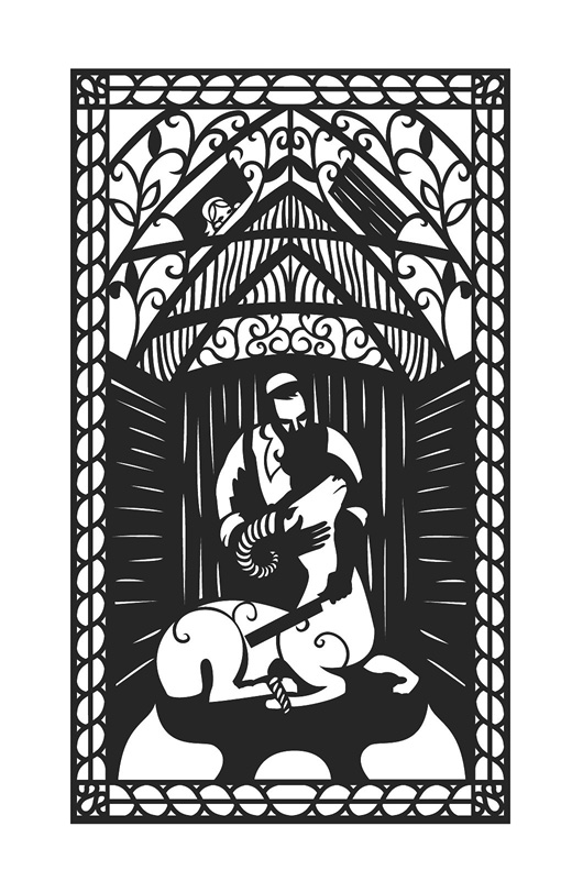 Illustration: Black and white. In a style reminiscent of a woodcut relief, depicting a man butchering a sheep.