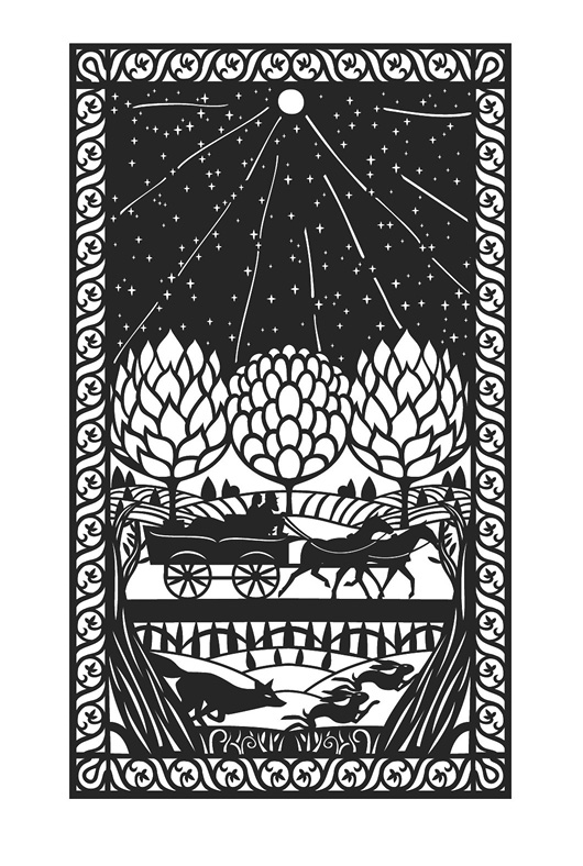 Illustration: Black and white. In a style reminiscent of a woodcut relief, depicting a travelling horse and carriage.