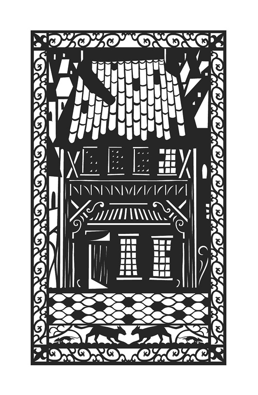 Illustration: Black and white. In a style reminiscent of a woodcut relief, depicting a building done in a rustic architectural style.