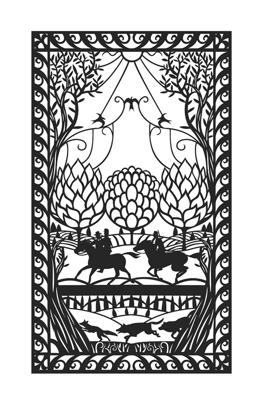 Illustration: Black and white. In a style reminiscent of a woodcut relief, depicting two horses. Astride the first horse is the silhouette of two riders, while on the second horse sits a single rider.