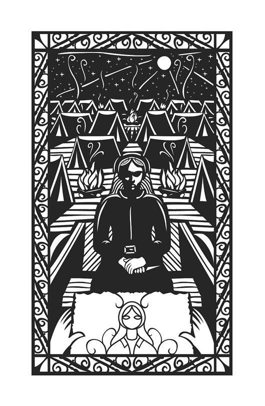 Illustration: Black and white. In a style reminiscent of a woodcut relief, depicting a woman standing in the midst of an encampment.