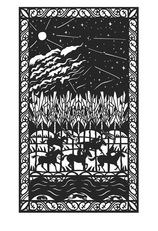 Illustration: Black and white. In a style reminiscent of a woodcut relief, depicting a group of riders on horseback, riding through the woods.