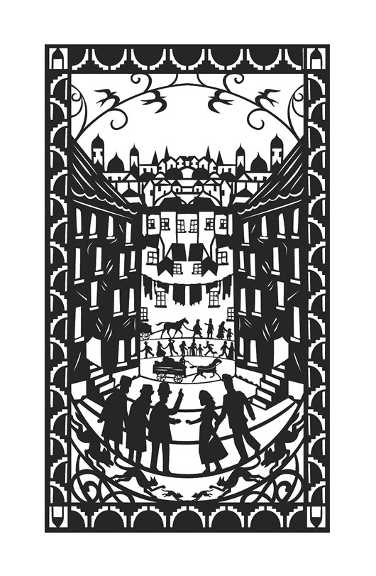 Illustration: Black and white. In a style reminiscent of a woodcut relief, depicting a group of people standing in the streets of a major city.