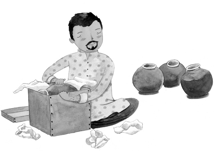 Drawing of a man sitting on the ground opening a box