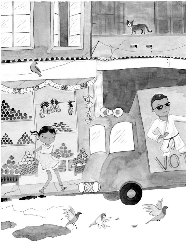 Drawing of a girl walking on the sidewalk past a fruit market with a truck driving toward her.