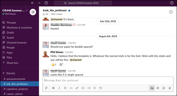 Screenshot displaying the Slack workspace of a college professor, which brings many people together to accomplish goals as a team.