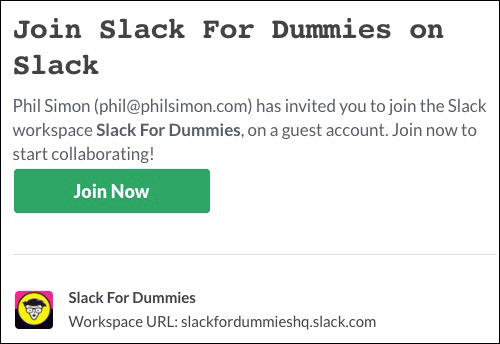 Snapshot of an email invitation to join the Slack workspace Slack for Dummies, on a guest account.