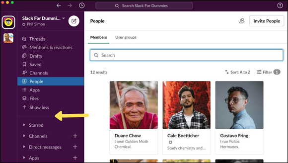 Screenshot of a sample Slack workspace with People view selected in the sidebar, a series of people displayed at the bottom to choose from.