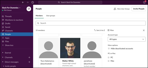 Screenshot of the Slack for Dummies page displaying the deactivated accounts in the People view.