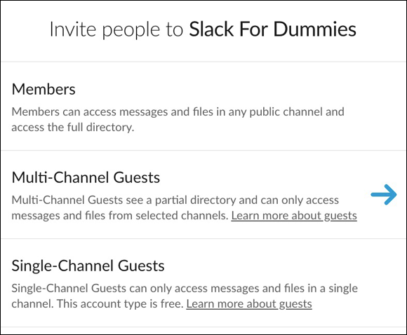 Screenshot of a dialog box displaying three options to invite people to be added to the Slack guest-account.