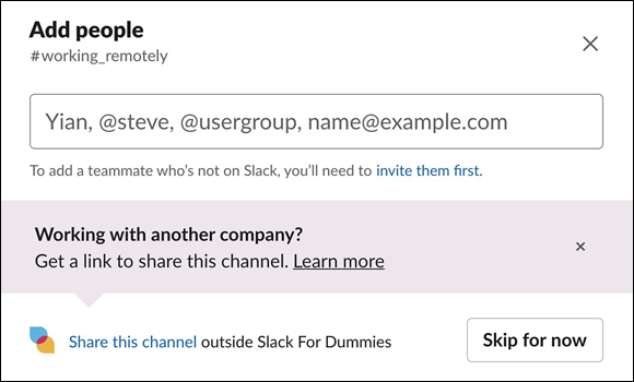 Screenshot of a Slack prompt pane for adding members to a new channel who are not in Slack.