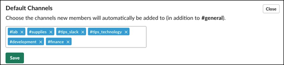 Screenshot for setting default Slack channels enabling new workspace members to join the channels.