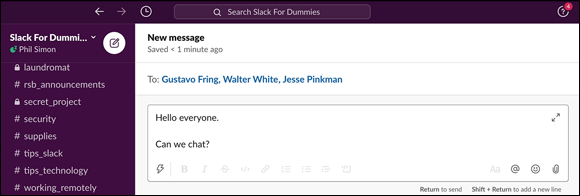 Screenshot of the Slack page for selecting as many recipients as you like for a group direct message.