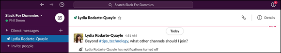 Screenshot of the Slack page displaying an example of a direct message referencing a public channel.