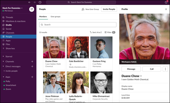 Screenshot of the Slack’s People view displaying photographs, to type some letters of a person’s name in the search bar to see the person’s name or photo.