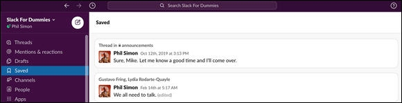 Screenshot displaying Slack’s Saved view displaying items in reverse chronological order from the date that you saved them.